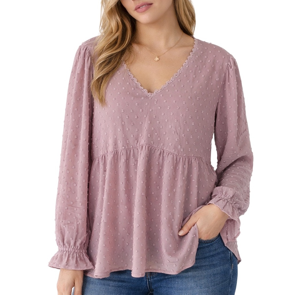 ANDREE BY UNIT Blouse Swiss Dot Texture Lace Dusty Pink Blush Boho Tunic Top